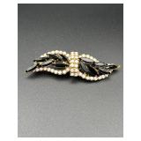Vintage milk GLASS BLACK RHINESTONE brooch pin