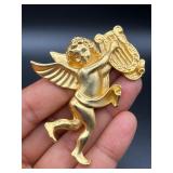 Gold Tone  Angel Cherub Playing Lyre Brooch pin.