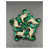 Vintage vibrant green rhinestone floral brooch