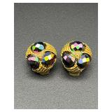Vintage AB iridescent gold tone clip on earrings.