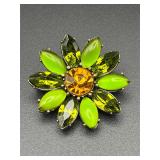 Flower shaped green, olive green  brooch pin.