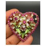 vintage rhinestone heart and flowers brooch pin