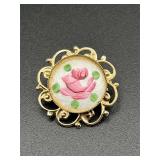 Vintage Guilloche Enamel Rose Brooch pin.
