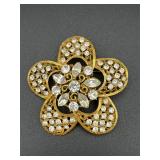 Gold tone brooch pin, clear rhinestones.