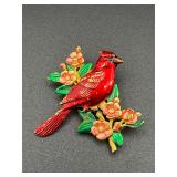 JJ Red Enamel Cardinal On Branch Flowers Brooch