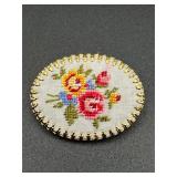 Petit Point Cameo Brooch Needlepoint Embroidered