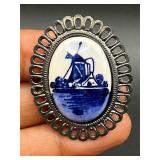 vintage blue and white porcelain windmill brooch