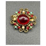 Vintage brooch pin. red cabochon, faux pearls,
