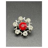 Vintage small brooch pin. Clear and red rhinestone