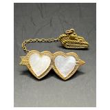 Vintage Double Heart Brooch, Mother of Pearl Arrow