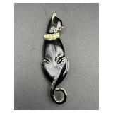black enamel and rhinestone cat brooch