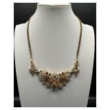 Vintage Gold Floral Rhinestone Statement Necklace