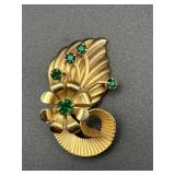 Vintage brooch pin, green rhinestones.
