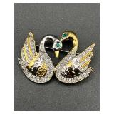 Two toned swan heart-shaped rhinestone brooch Pin.