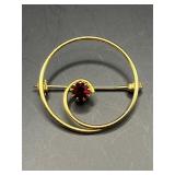 Vintage Gold Tone Circle Brooch, Red Rhinestone