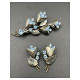 vintage rhineston flower brooch clip on earrings.