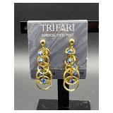 Dangling earrings, gold tone with blue rhinestones