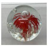vintage art glass paperweight, red flower burst,
