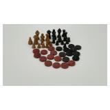 vintage wooden chess and checker game pieces, 12