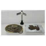 Vintage belt buckles, street sign, Hoover train