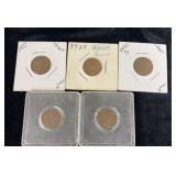5 wheat Pennies 1935, 1937, 1940, two 1955s