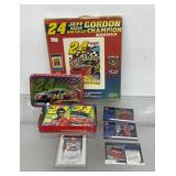 NASCAR lot, Jeff Gordon cards in tin box, banner,