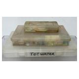 Vintage plastic tackle boxes, fishing lures,