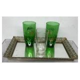 Vintage gold toned mirrored tray and drinking