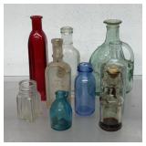 Vintage glass bottles, some have UV Glow, Pinex