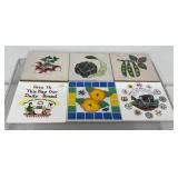 6 vintage tile trivets, vegetables, bees, Amish