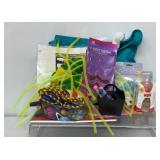 Baby items, bowling pin pens, bag, jump rope,