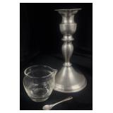Weighted Leonard Pewter candlestick, EPNS spoon,