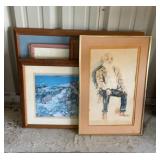 4 framed art, corkboard, watercolor man signed by