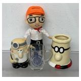 Vintage cups and signed doll, Dilbert cup, Gonz