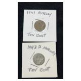 1941 & 1943 Mercury Dimes Silver