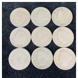 9 V Nickels 1903-1912 Silver