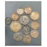 12 George V British Bronze currency pennies and