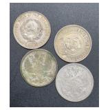 4 Antique 20 Kopek silver coins from Russia.