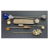 Vintage Sterling name clip, 5 Brooches, 2 pins,
