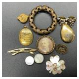 6 Pins, 4 necklace pendants, Pewter brass ring