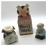 3 vintage piggy banks, Piggy Bank wooden box, 5 x