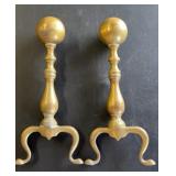 2 Antique brass andirons, also known as firedogs,