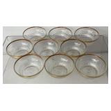 9 glass and gold gilded bowls, 4.5 x 4.5 x 1.5