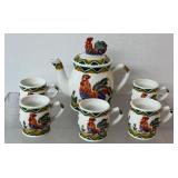 Vintage ceramic rooster teapot and 5 cups, KK