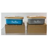 2 Metal butter dishes with wood top and knife,