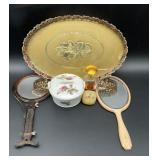 Vintage amber brown hand held mirror made in Hong