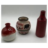 3 porcelain pots, red with black spots 8 in tall,