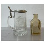 Vintage etched glass beer stein with hinged pewter