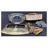 Gold tone jewelry, watch, cross pendant, tie clip