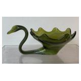 Vintage art glass swan bowl, avocado green, 6.25